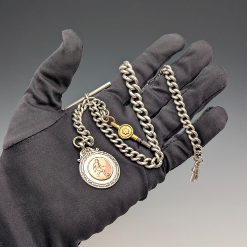 1895 British Antique Sterling Silver Albert Chain, 64g, Sterling Silver Soccer Medal Fob